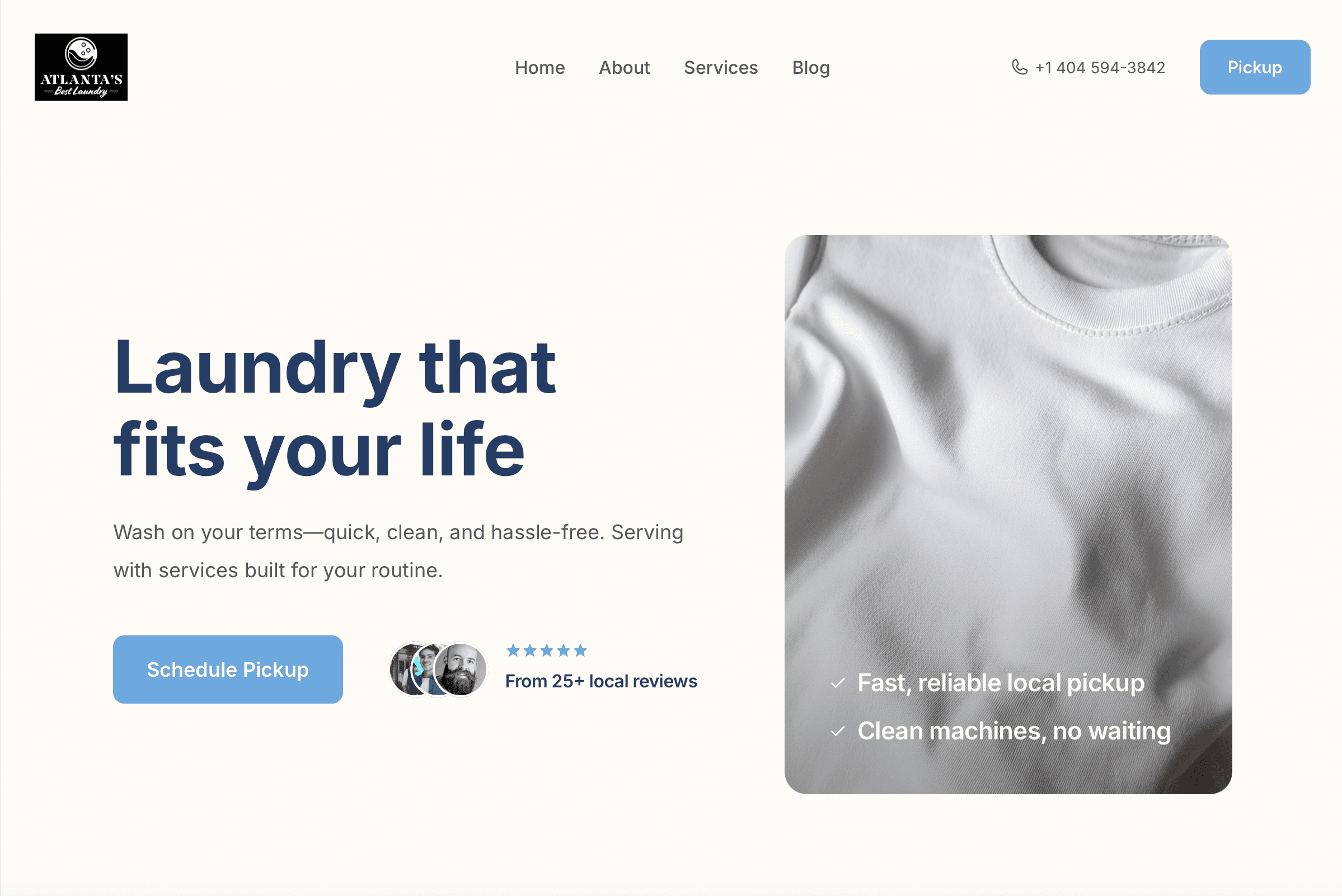 Laundry service highlights on laundromat website – wash & fold, commercial laundry, and home pickup options showcased