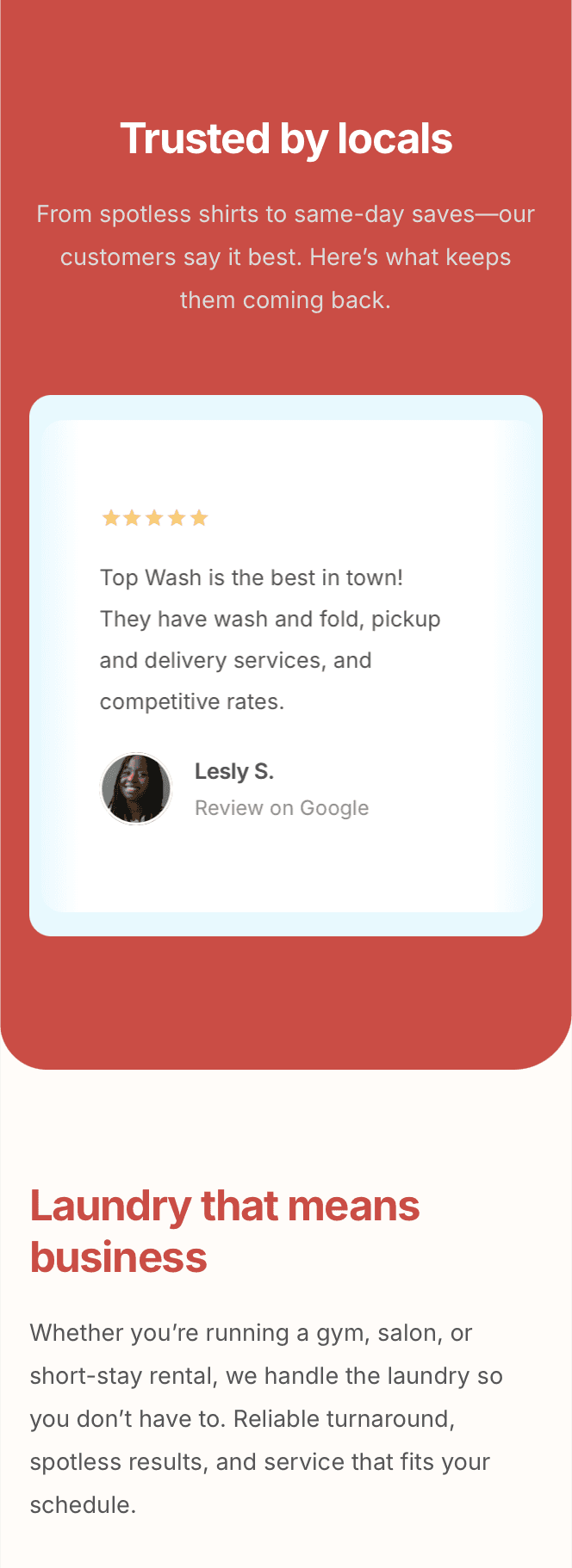 Laundry service highlights on laundromat website – wash & fold, commercial laundry, and home pickup options showcased