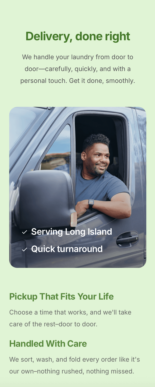 Modern laundromat website design homepage for pickup and delivery services – mobile-friendly layout with clean call-to-action buttons