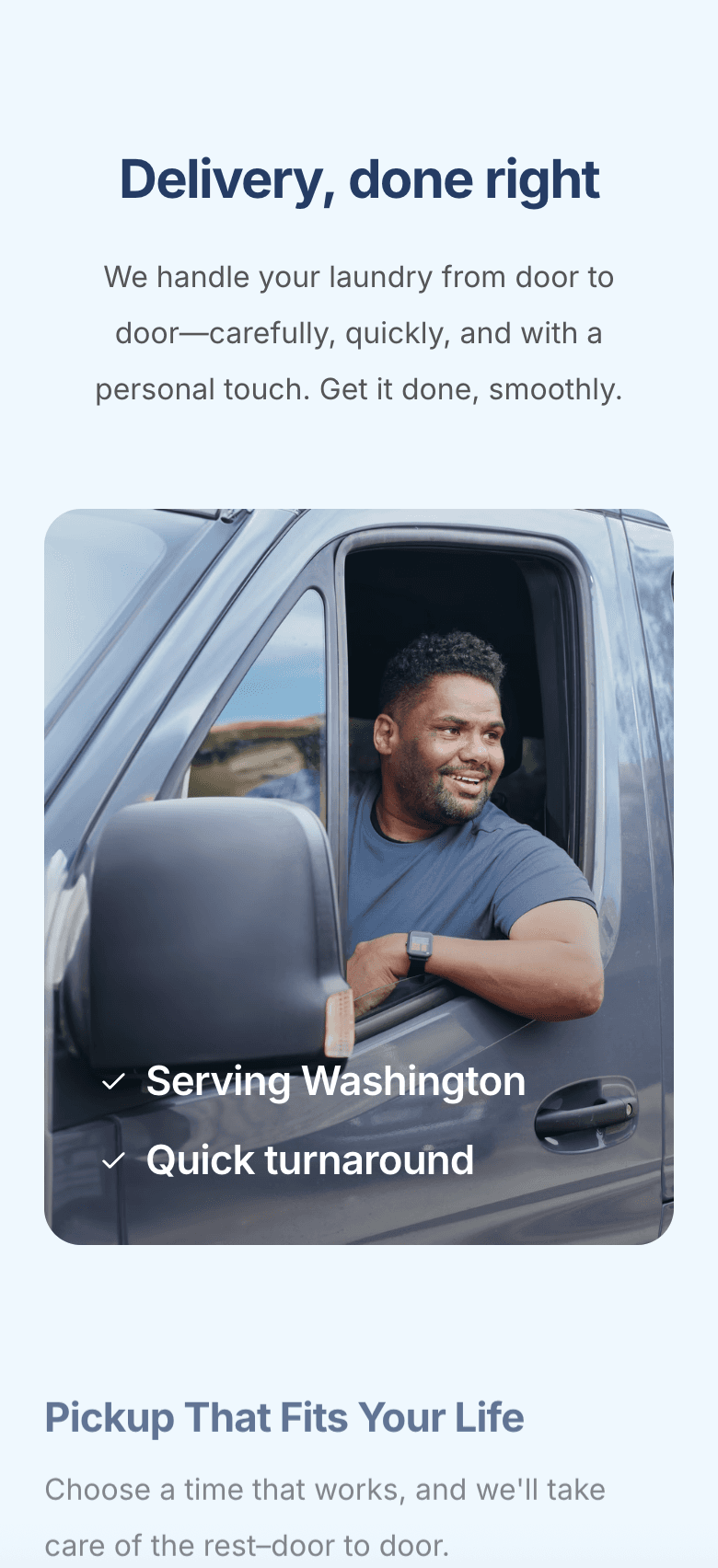 Mobile laundromat website showing online laundry scheduling and service details for local pickup and delivery