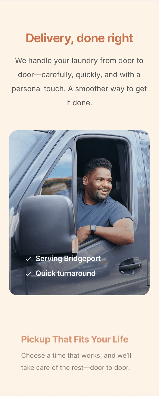 Laundry service highlights on laundromat website – wash & fold, commercial laundry, and home pickup options showcased