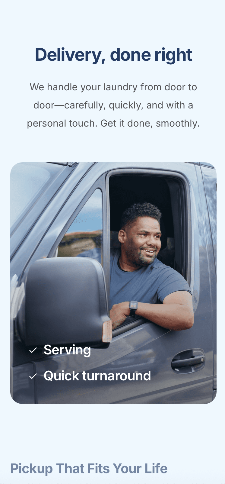 Laundry service highlights on laundromat website – wash & fold, commercial laundry, and home pickup options showcased