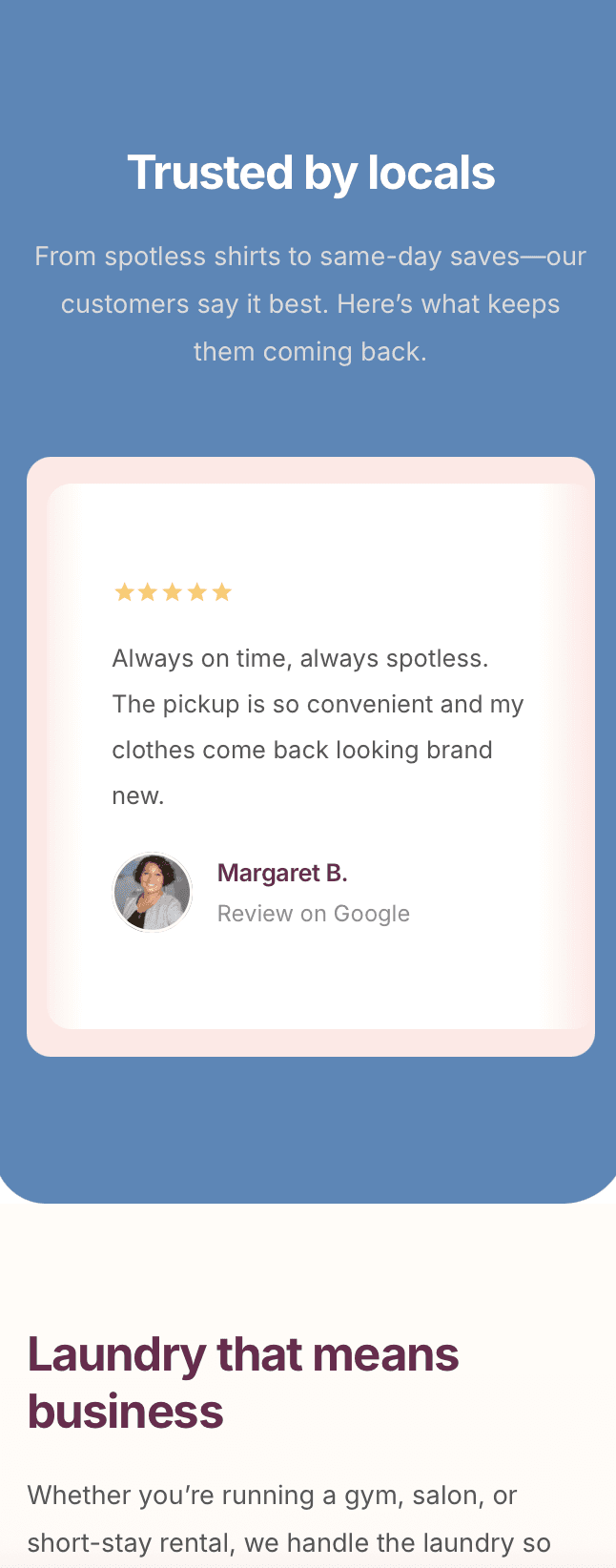 Laundry service highlights on laundromat website – wash & fold, commercial laundry, and home pickup options showcased