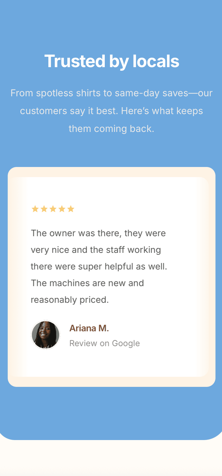 Laundry service highlights on laundromat website – wash & fold, commercial laundry, and home pickup options showcased