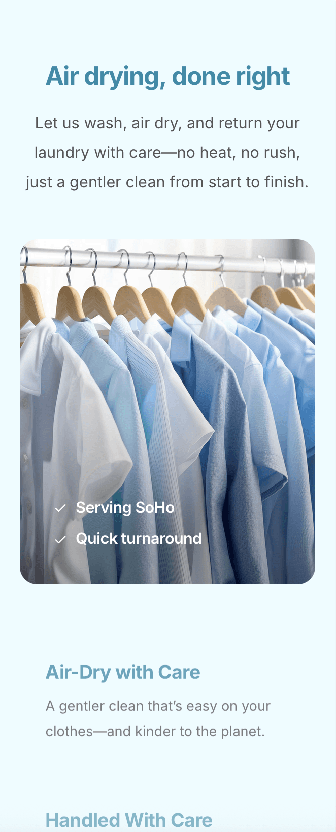 Mobile laundromat website showing online laundry scheduling and service details for local pickup and delivery