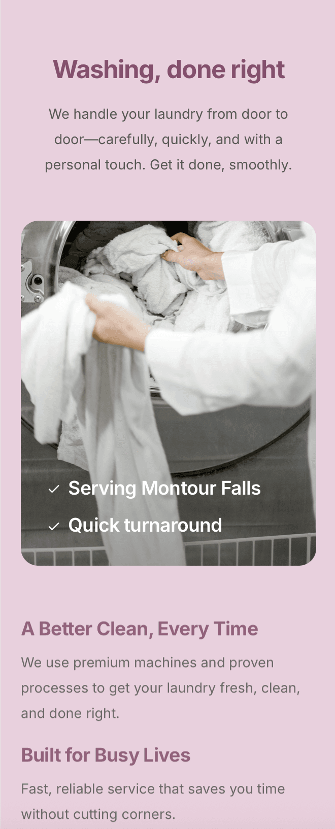 Mobile laundromat website showing online laundry scheduling and service details for local pickup and delivery