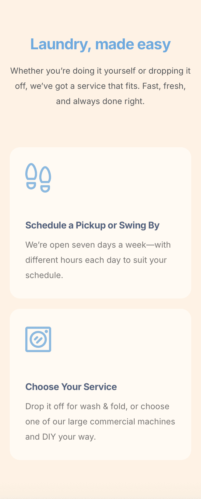 Wash and fold service page on a phone-friendly laundromat website – fast, modern, and easy to use