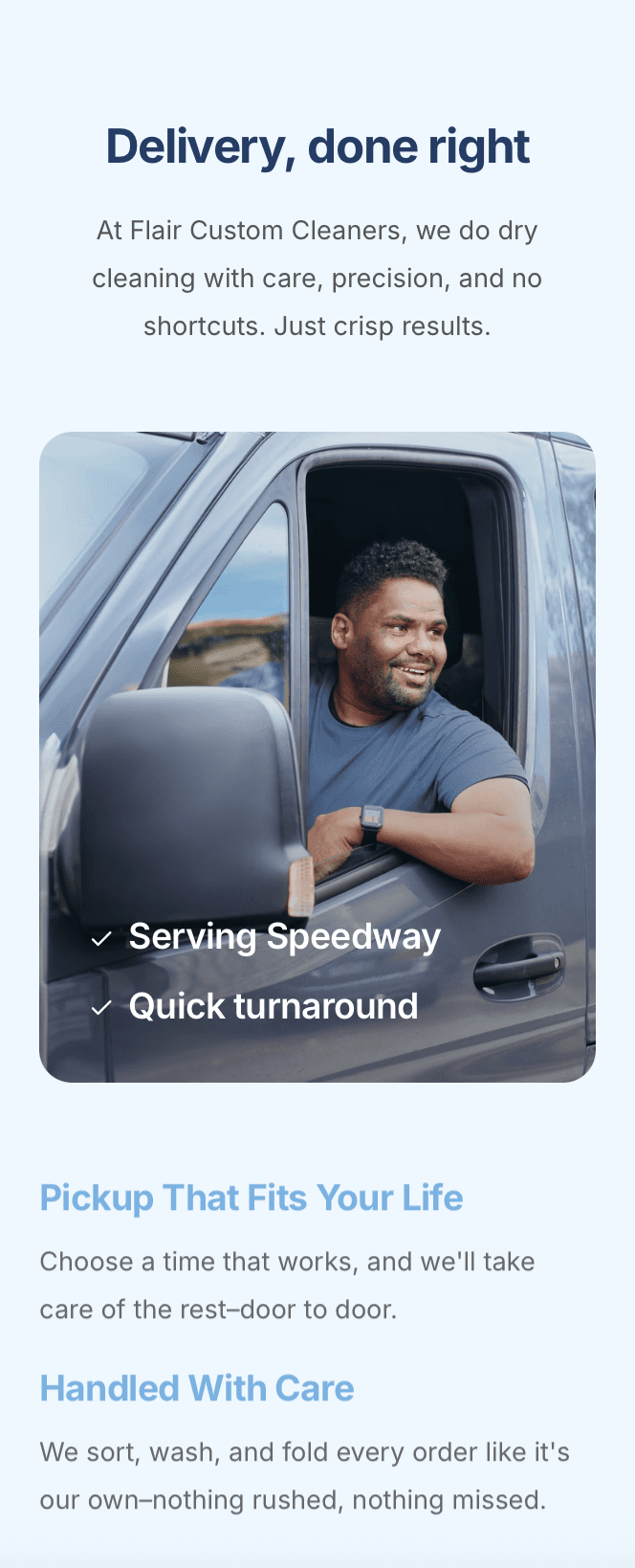 Mobile laundromat website showing online laundry scheduling and service details for local pickup and delivery