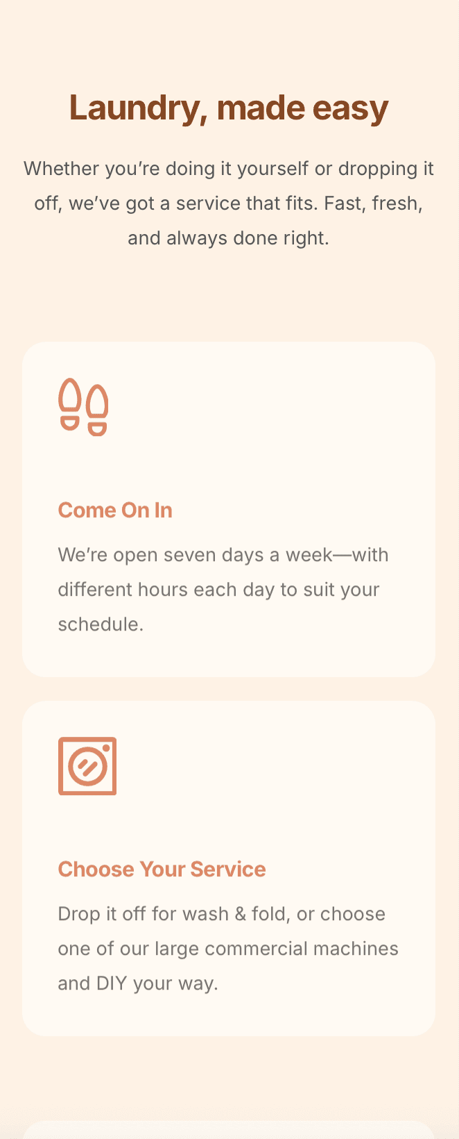 Wash and fold service page on a phone-friendly laundromat website – fast, modern, and easy to use