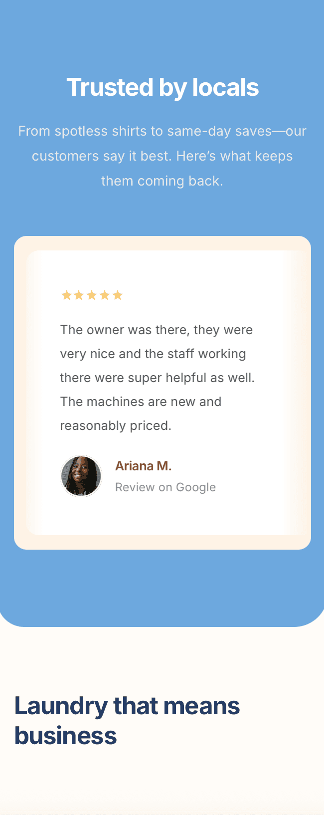Laundry service highlights on laundromat website – wash & fold, commercial laundry, and home pickup options showcased
