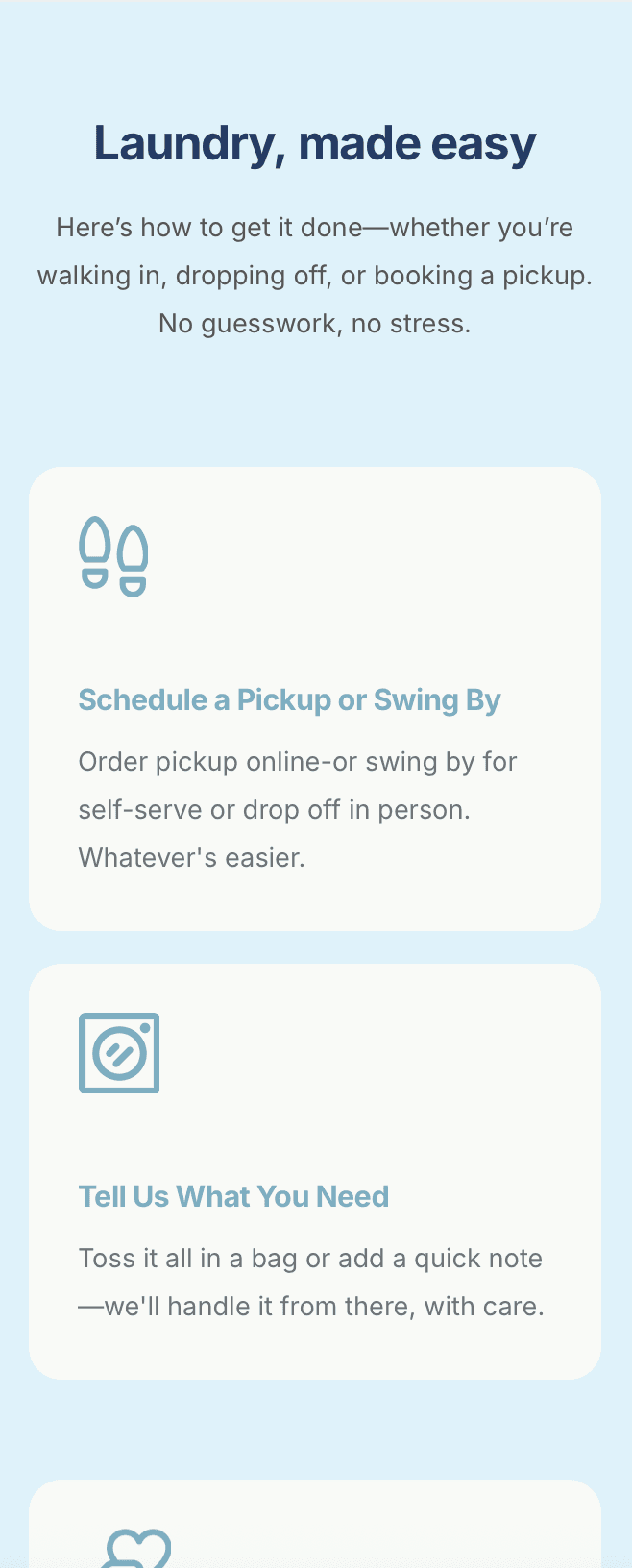Laundry service highlights on laundromat website – wash & fold, commercial laundry, and home pickup options showcased