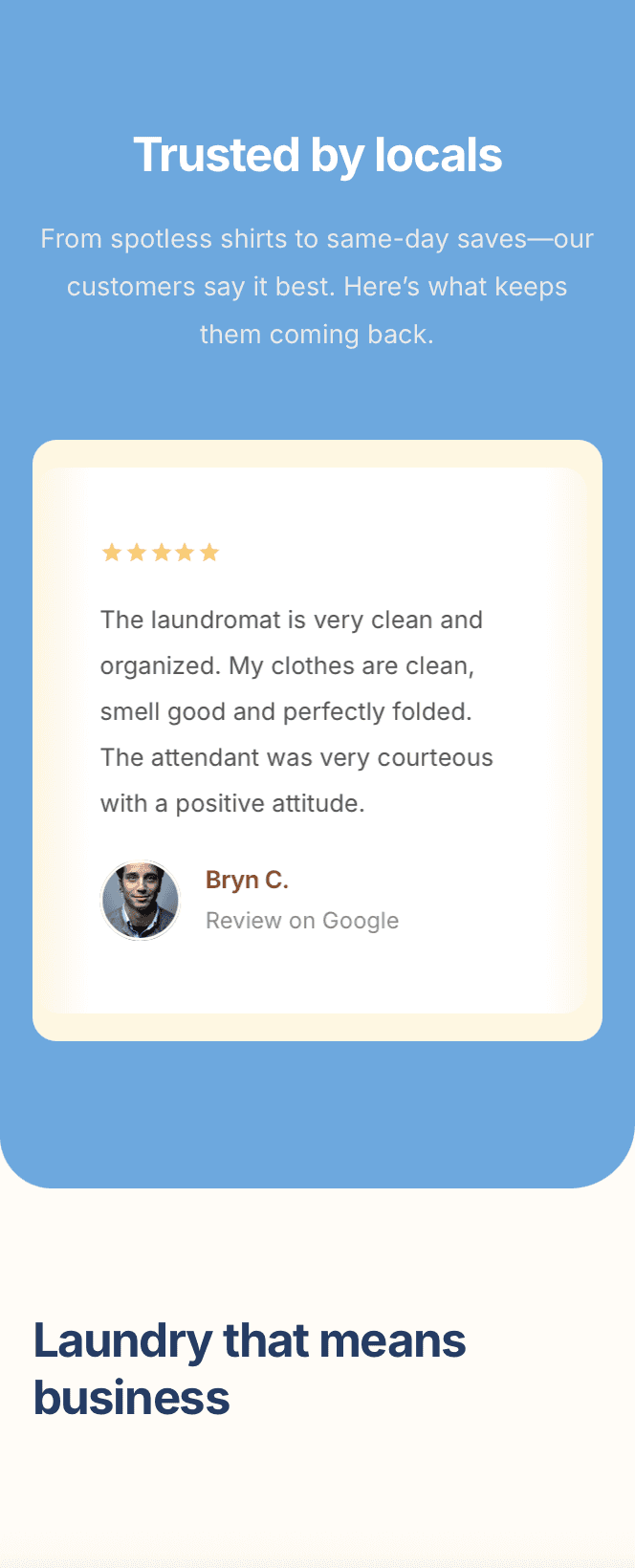 Responsive laundromat site with reviews, service info, pricing, and location map – optimised for mobile users