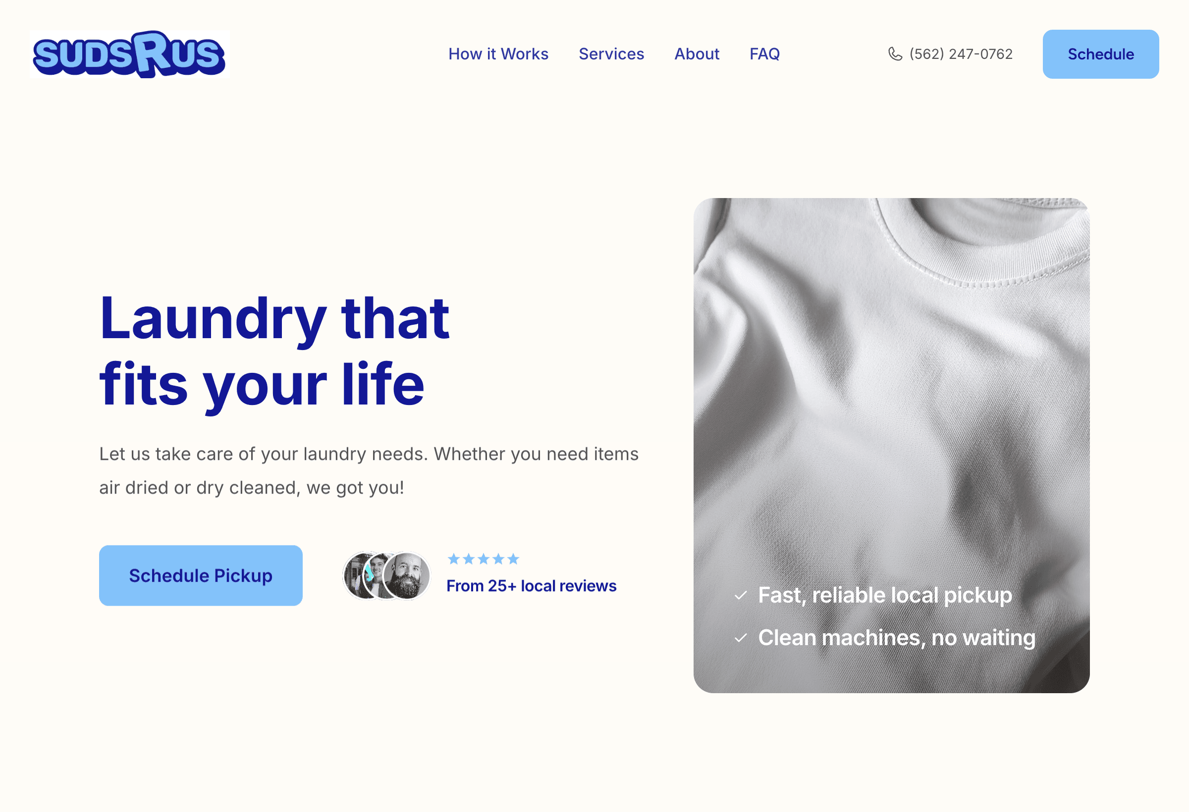 Laundromat website homepage with wash and fold, pickup and delivery, and self-service laundry options – desktop view