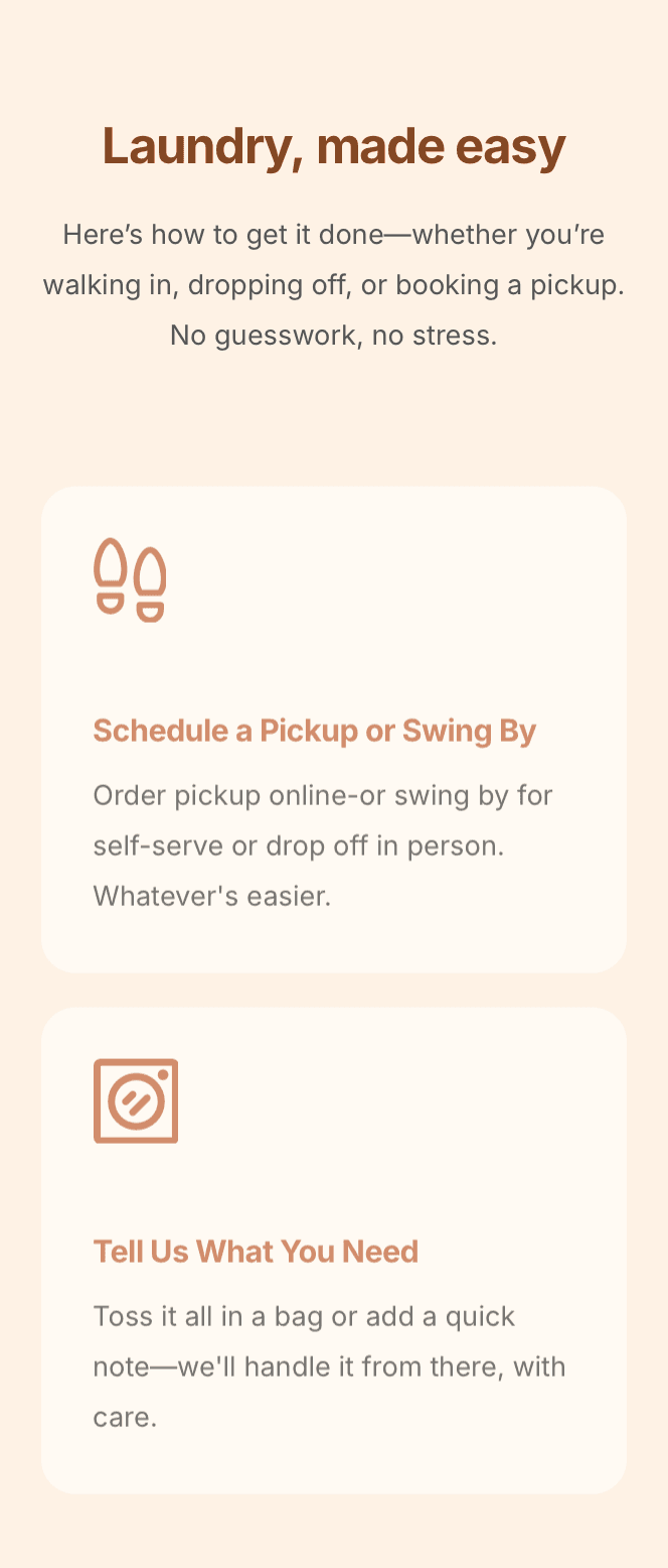 Laundry service highlights on laundromat website – wash & fold, commercial laundry, and home pickup options showcased