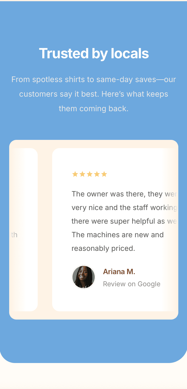 Laundry service highlights on laundromat website – wash & fold, commercial laundry, and home pickup options showcased