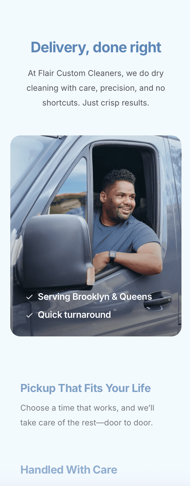 Laundry service highlights on laundromat website – wash & fold, commercial laundry, and home pickup options showcased