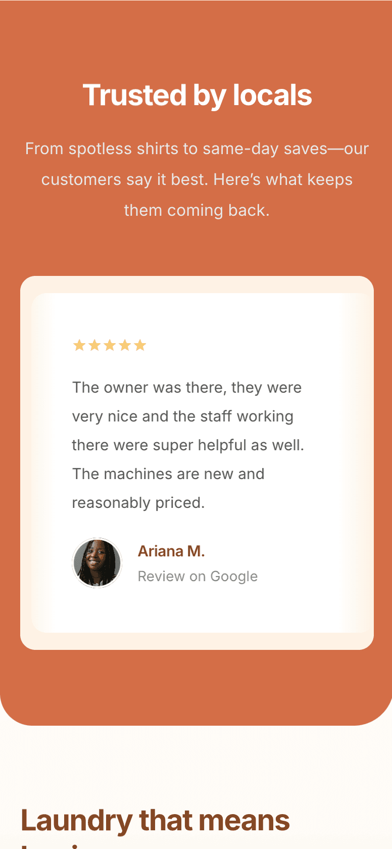 Responsive laundromat site with reviews, service info, pricing, and location map – optimised for mobile users