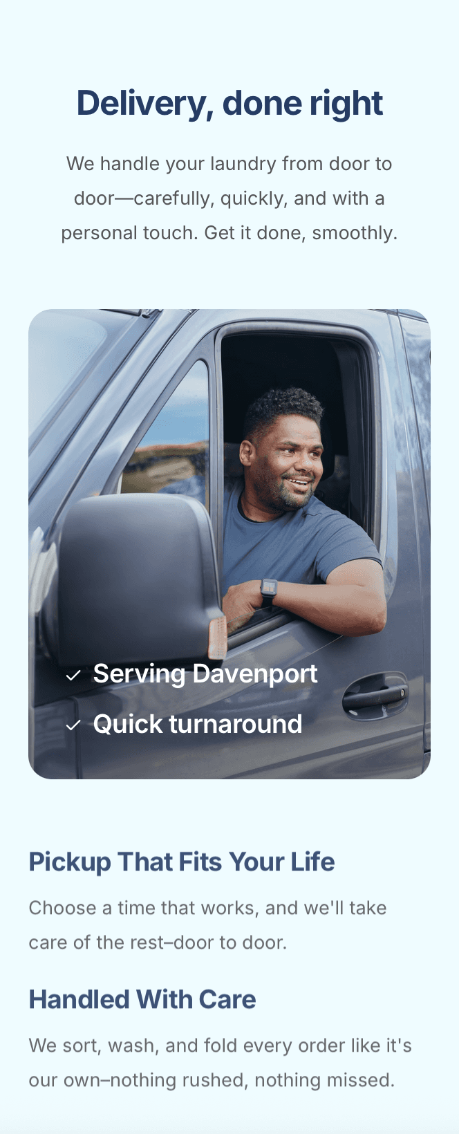 Mobile laundromat website showing online laundry scheduling and service details for local pickup and delivery