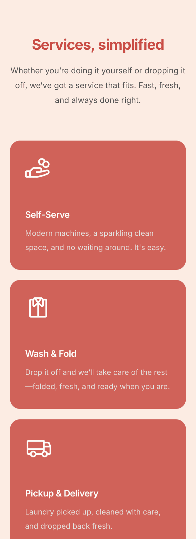 Laundry service highlights on laundromat website – wash & fold, commercial laundry, and home pickup options showcased