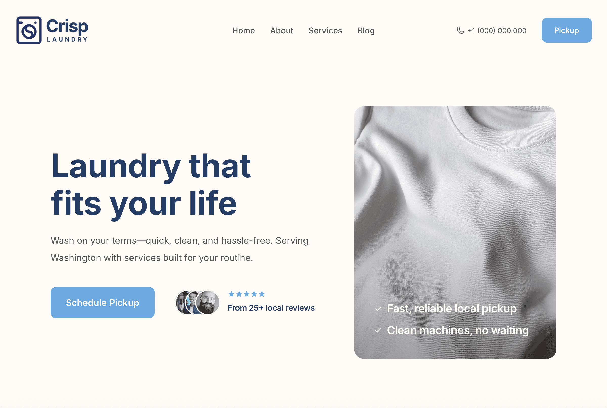 Laundromat website homepage with wash and fold, pickup and delivery, and self-service laundry options – desktop view