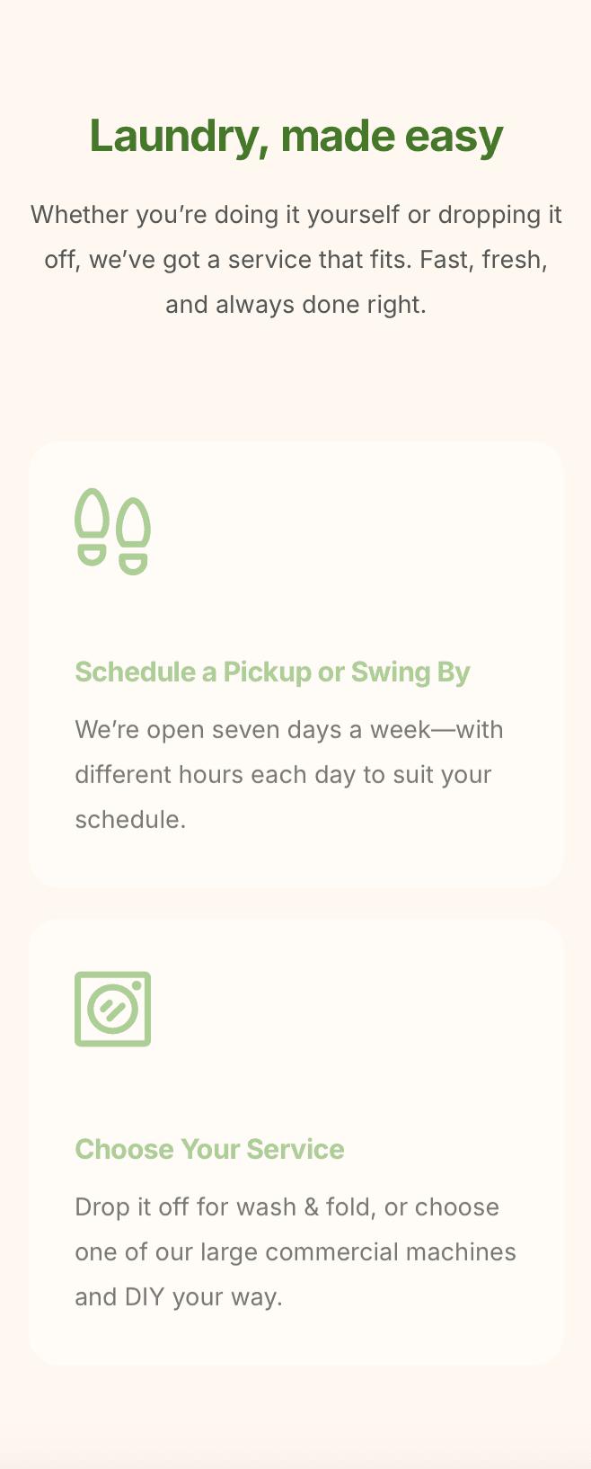 Modern laundromat website design homepage for pickup and delivery services – mobile-friendly layout with clean call-to-action buttons