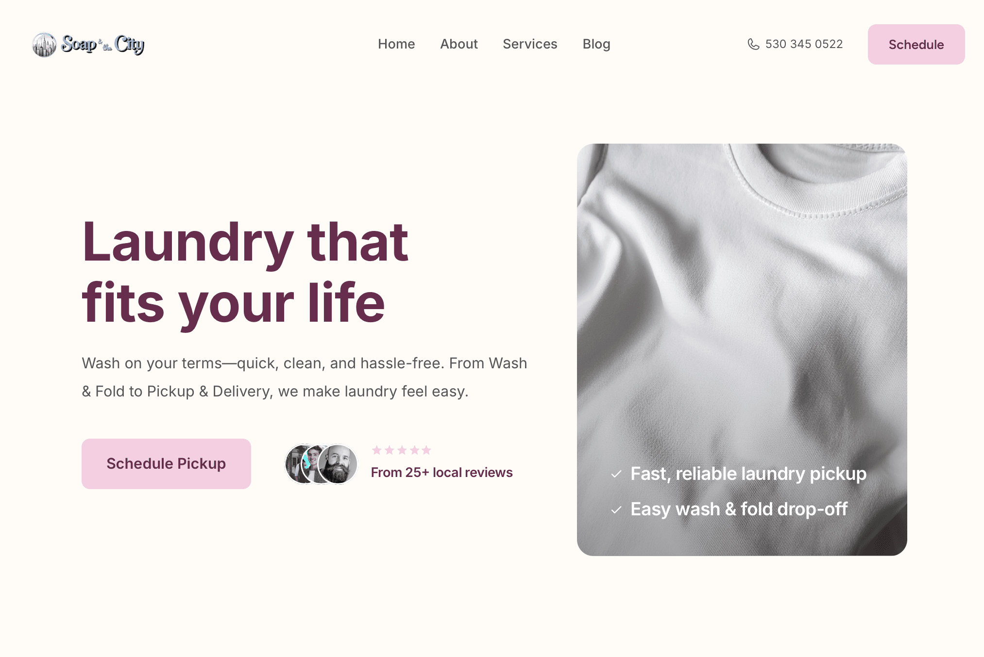 Laundry service highlights on laundromat website – wash & fold, commercial laundry, and home pickup options showcased