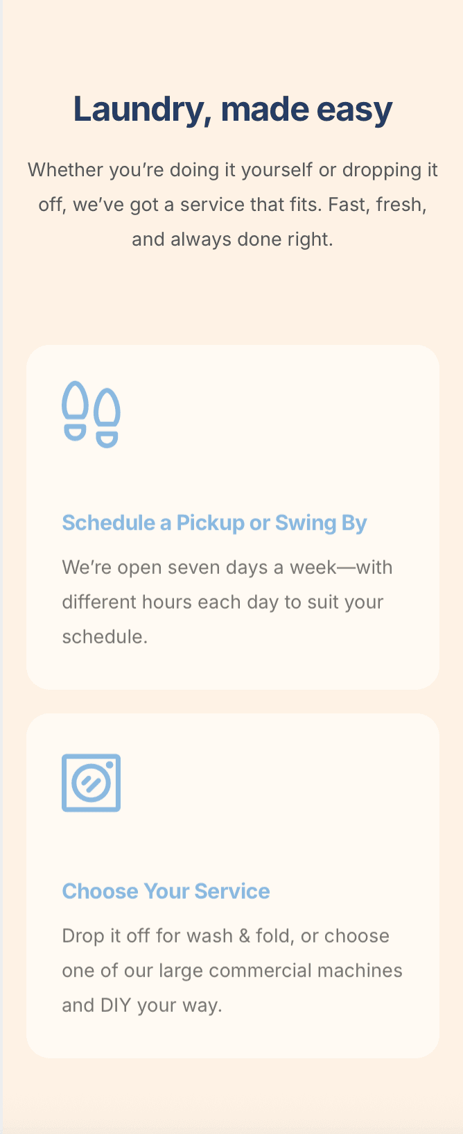 Modern laundromat website design homepage for pickup and delivery services – mobile-friendly layout with clean call-to-action buttons