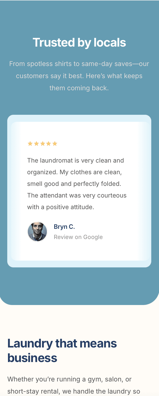 Laundry service highlights on laundromat website – wash & fold, commercial laundry, and home pickup options showcased