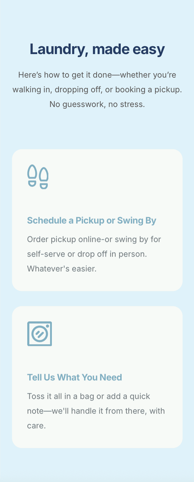 Mobile laundromat website showing online laundry scheduling and service details for local pickup and delivery