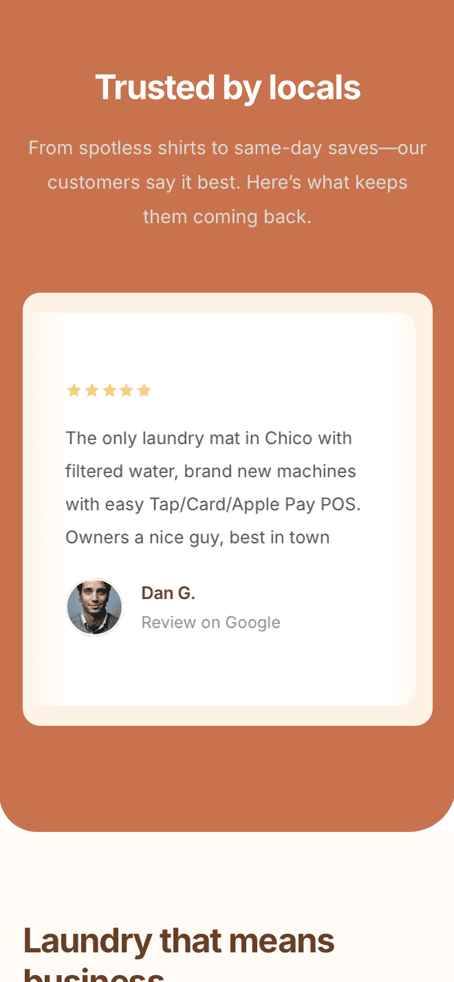 Responsive laundromat site with reviews, service info, pricing, and location map – optimised for mobile users
