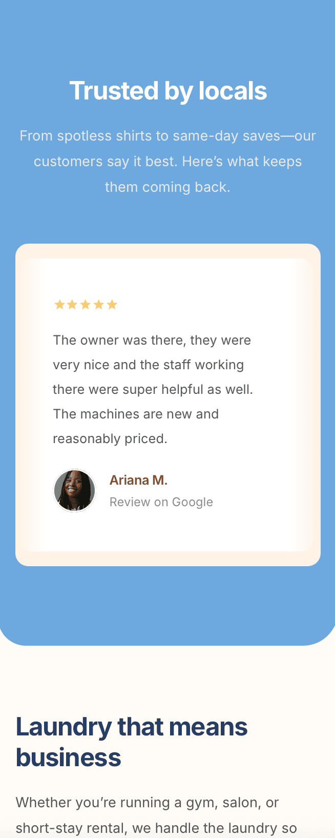 Responsive laundromat site with reviews, service info, pricing, and location map – optimised for mobile users