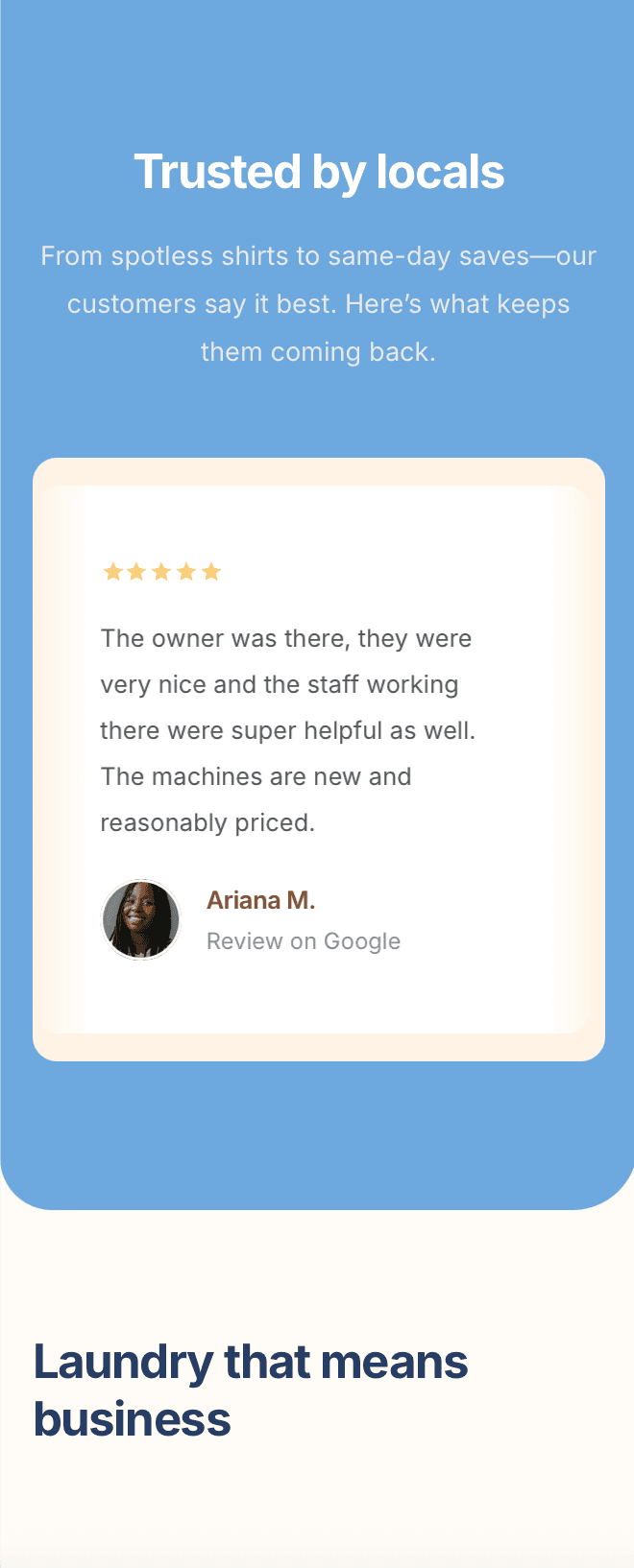 Responsive laundromat site with reviews, service info, pricing, and location map – optimised for mobile users