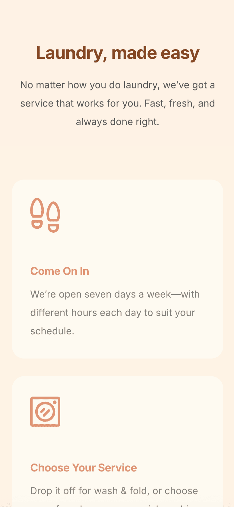 Wash and fold service page on a phone-friendly laundromat website – fast, modern, and easy to use