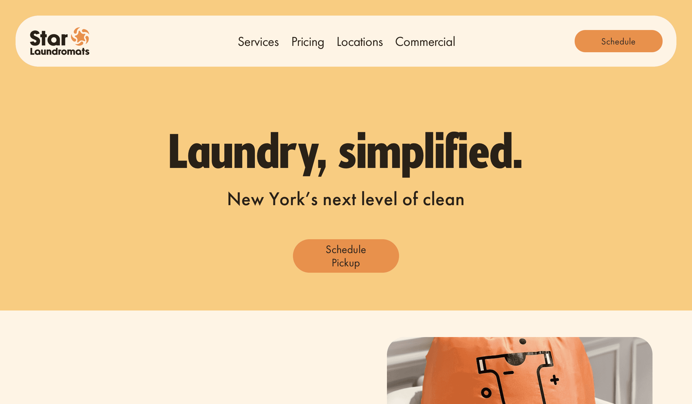 Clean and simple laundromat website for Star Laundromats featuring easy scheduling and modern design