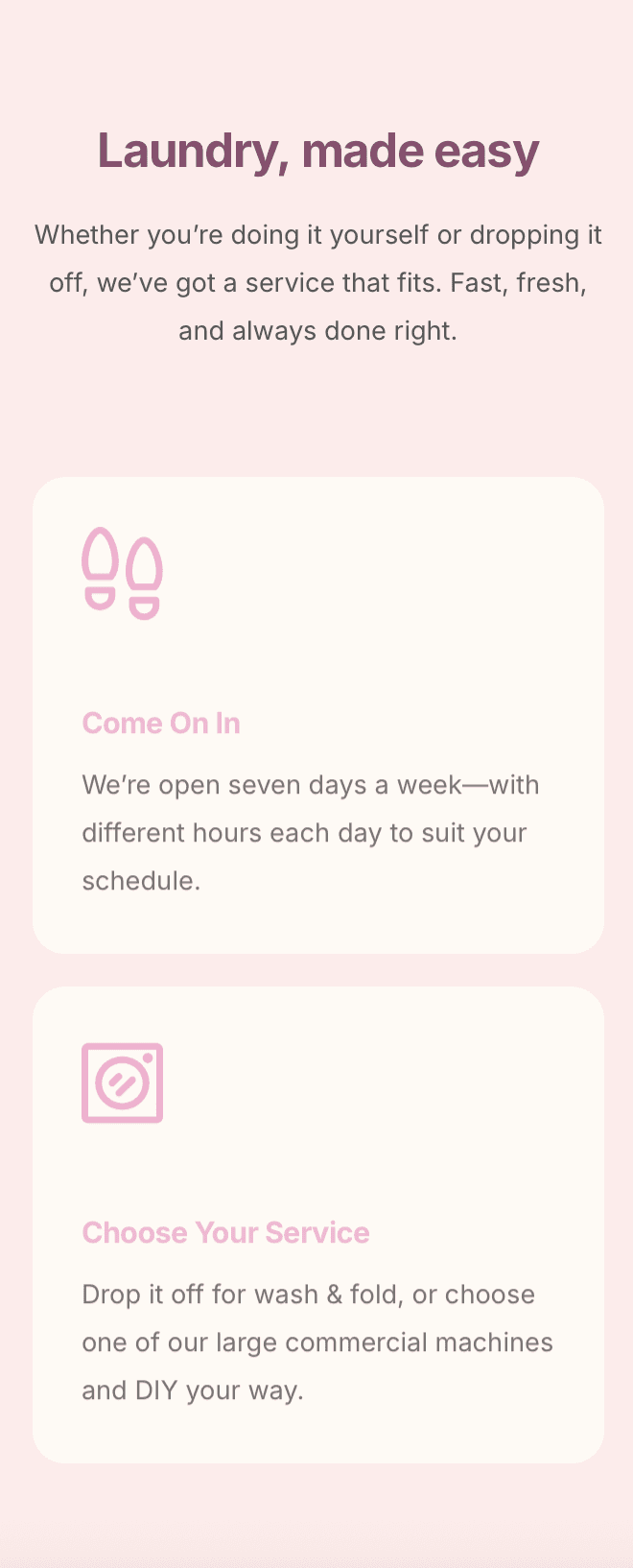 Wash and fold service page on a phone-friendly laundromat website – fast, modern, and easy to use