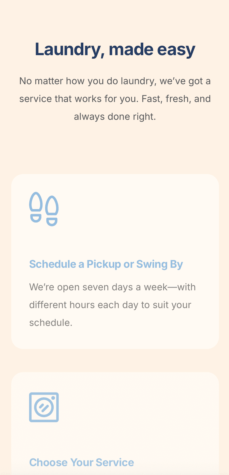 Laundry service highlights on laundromat website – wash & fold, commercial laundry, and home pickup options showcased