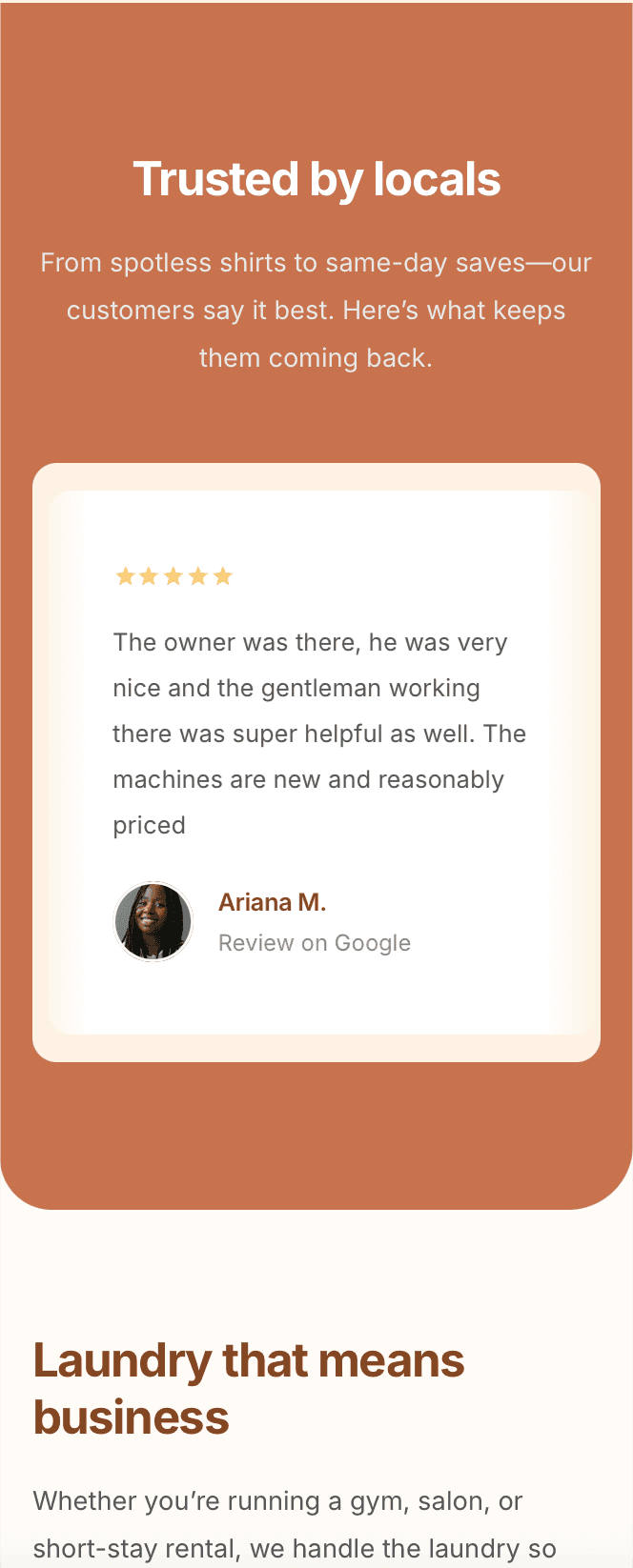 Responsive laundromat site with reviews, service info, pricing, and location map – optimised for mobile users