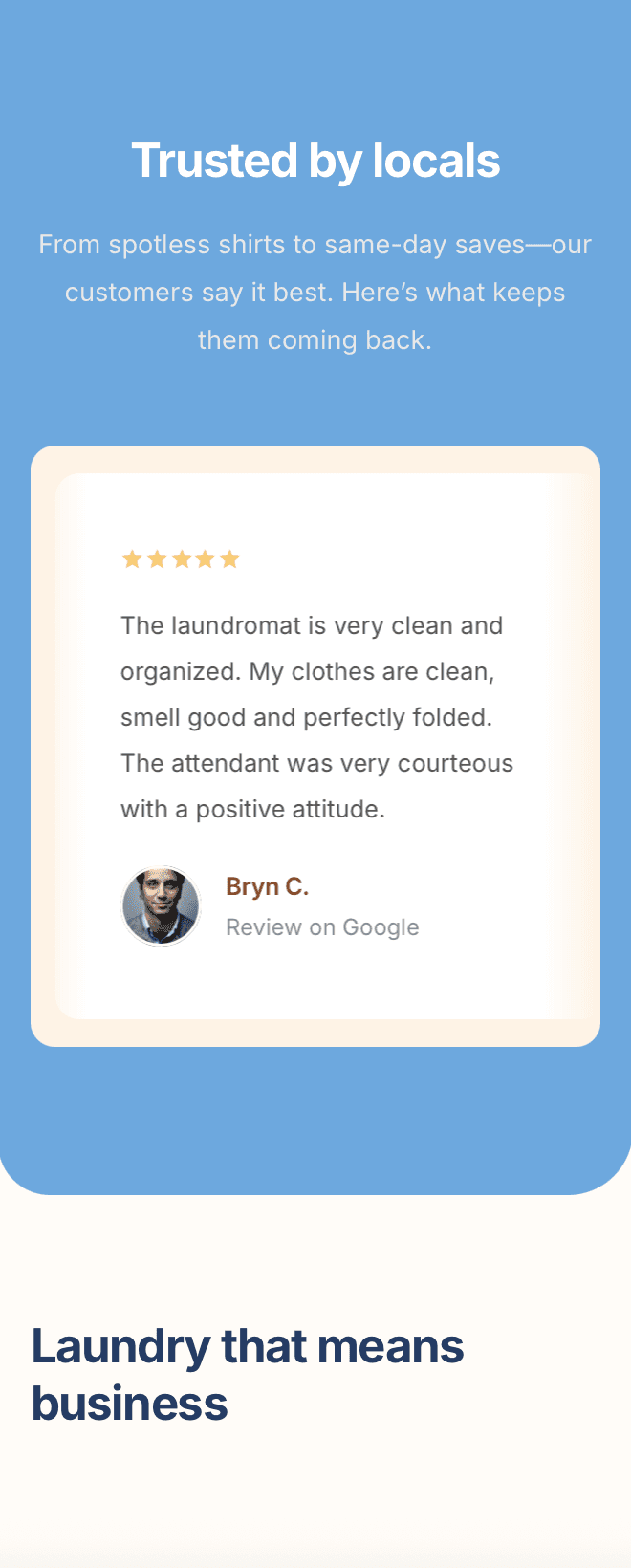 Responsive laundromat site with reviews, service info, pricing, and location map – optimised for mobile users