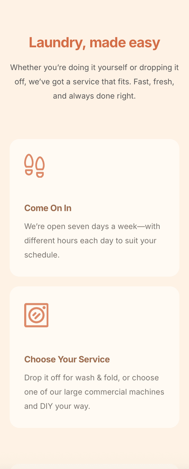 Wash and fold service page on a phone-friendly laundromat website – fast, modern, and easy to use
