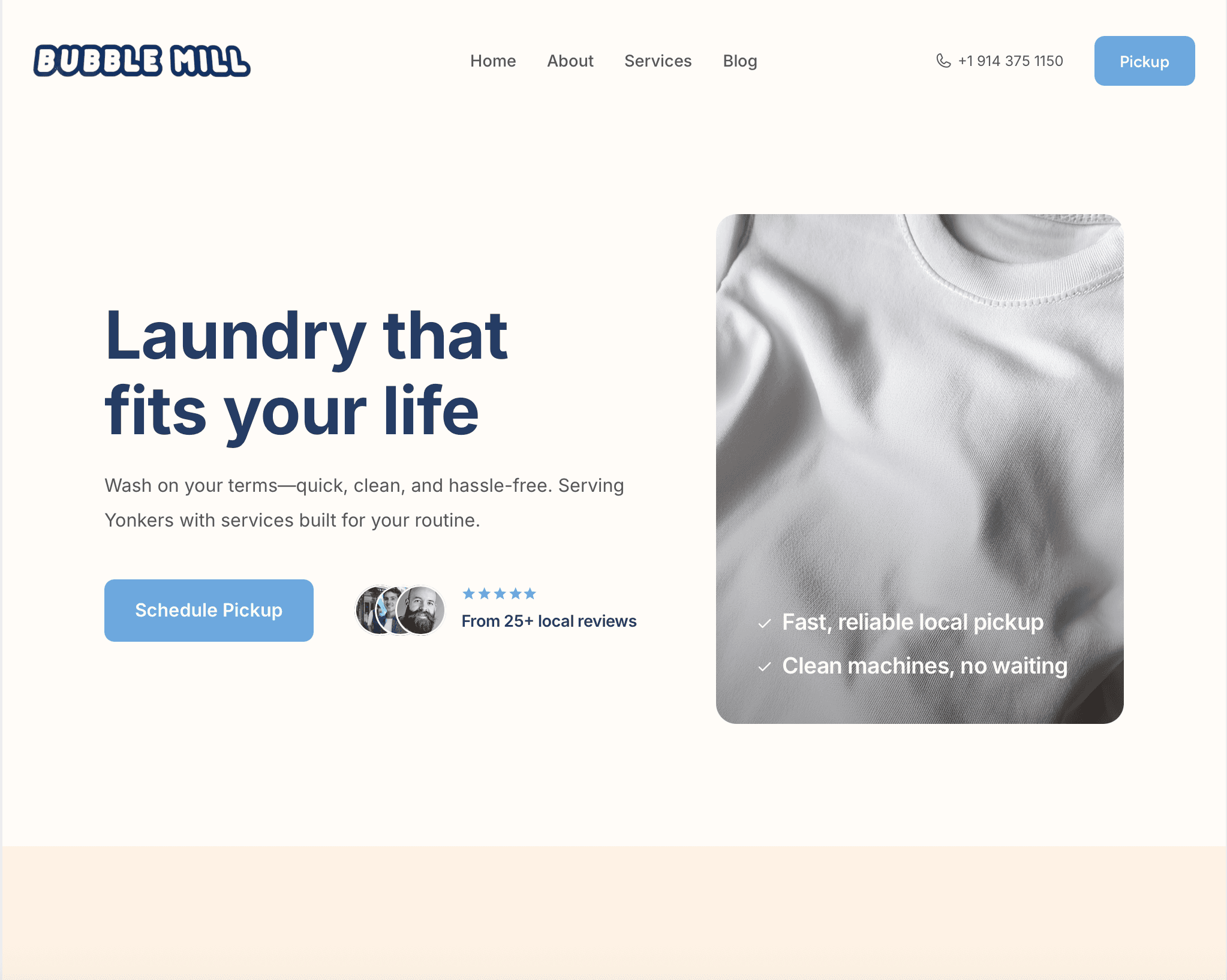 Laundromat website homepage with wash and fold, pickup and delivery, and self-service laundry options – desktop view