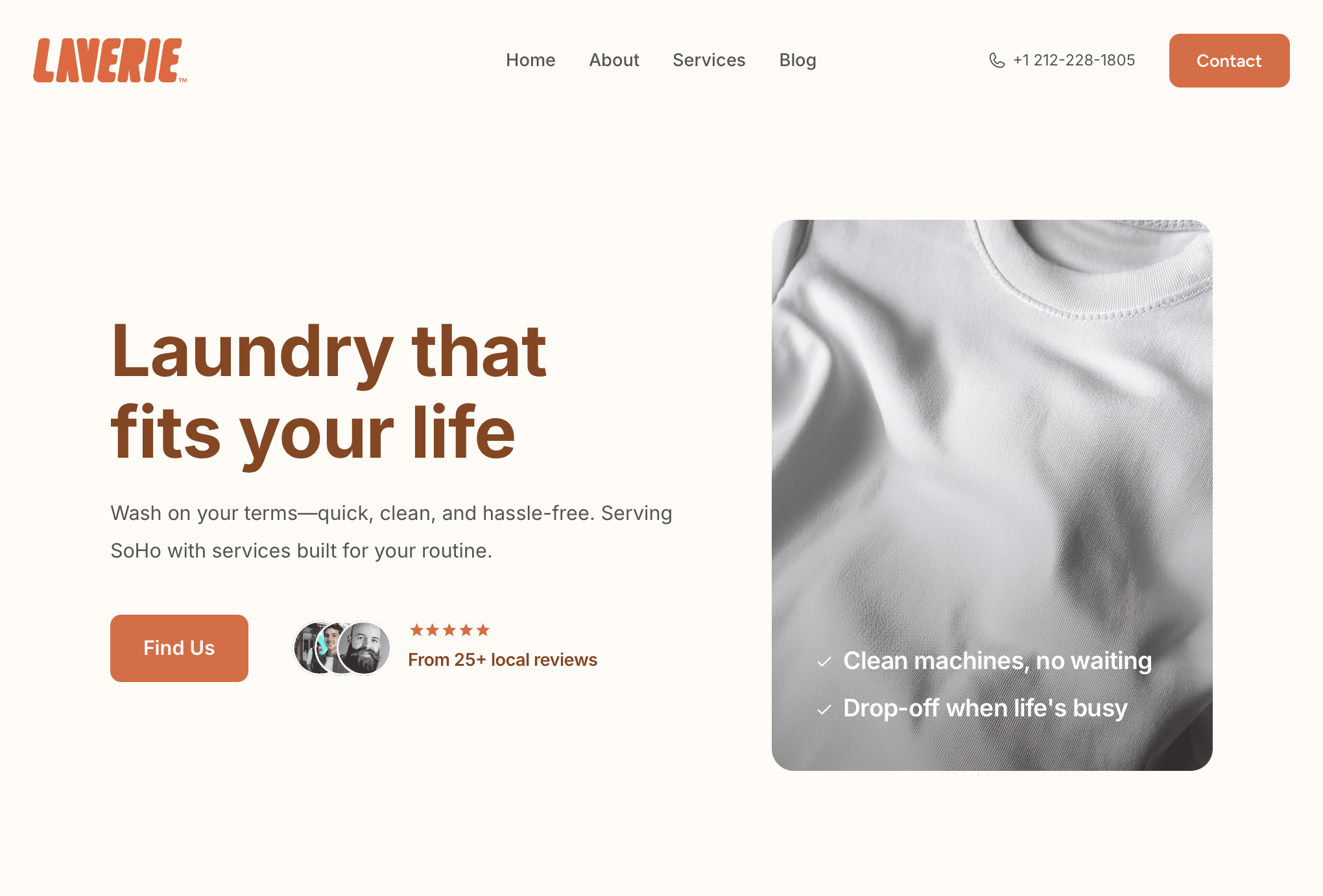 Laundromat website homepage with wash and fold, pickup and delivery, and self-service laundry options – desktop view