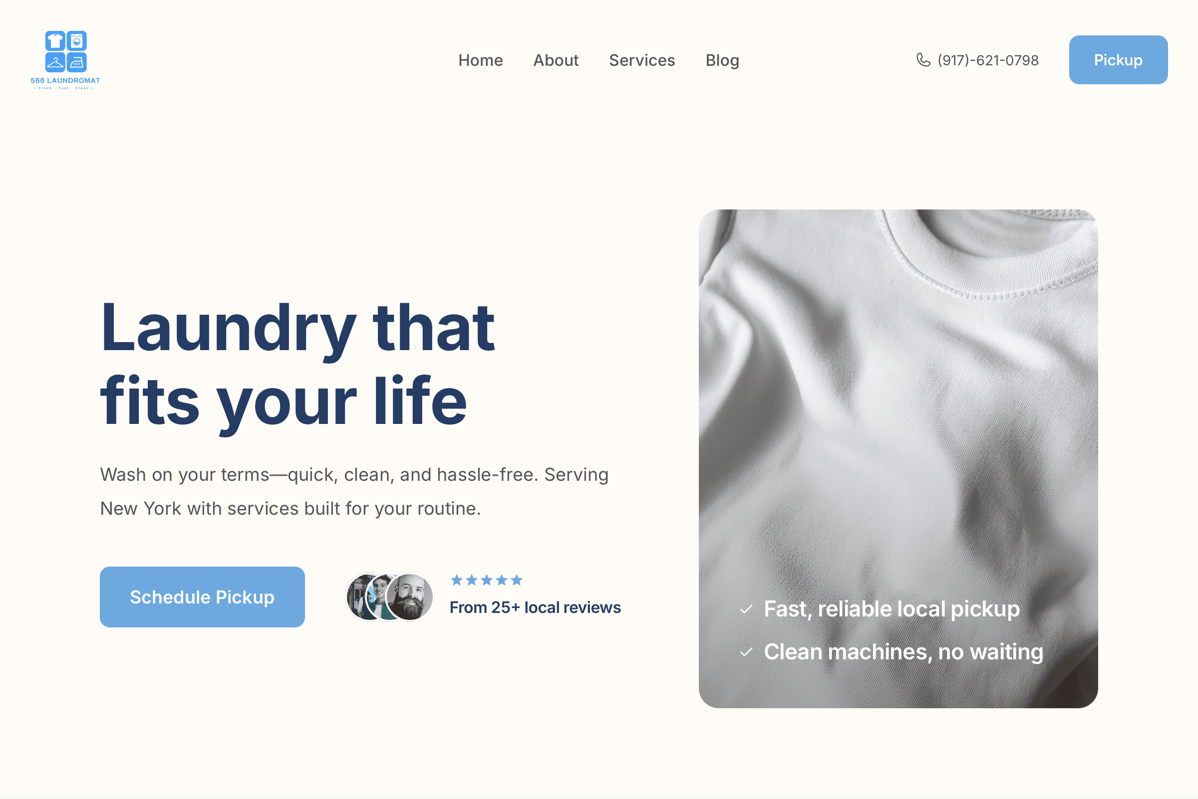 Laundry service highlights on laundromat website – wash & fold, commercial laundry, and home pickup options showcased