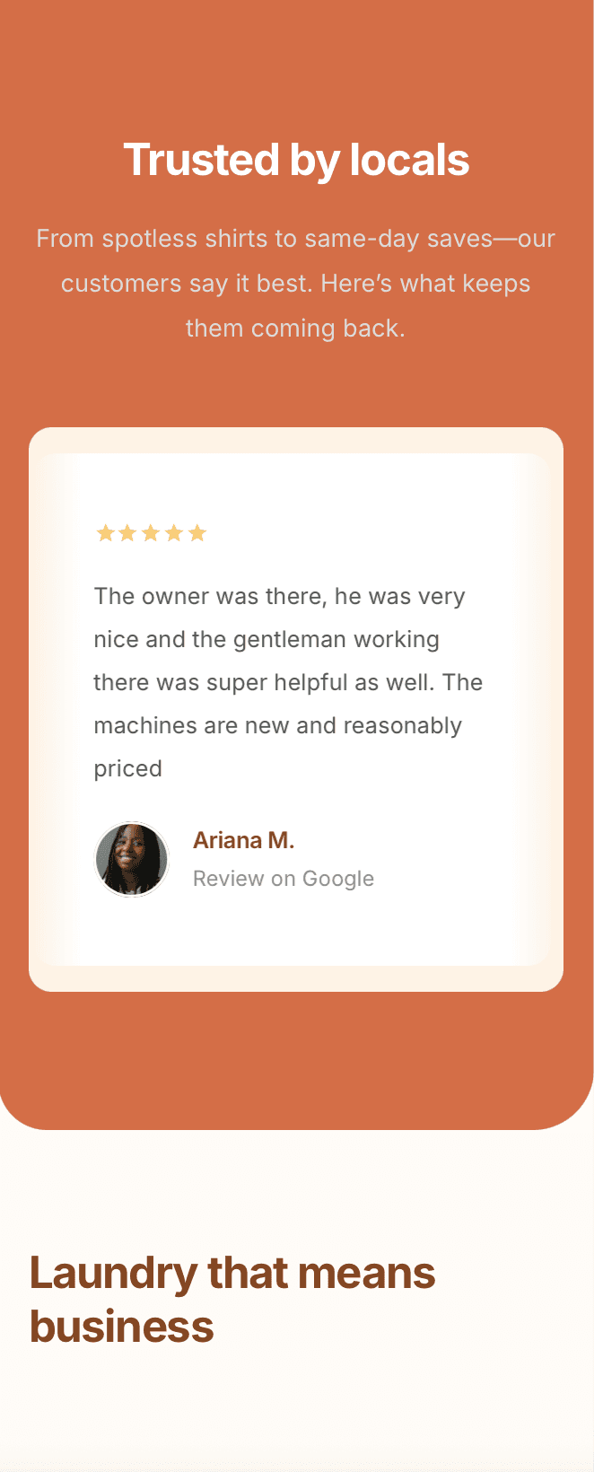 Responsive laundromat site with reviews, service info, pricing, and location map – optimised for mobile users