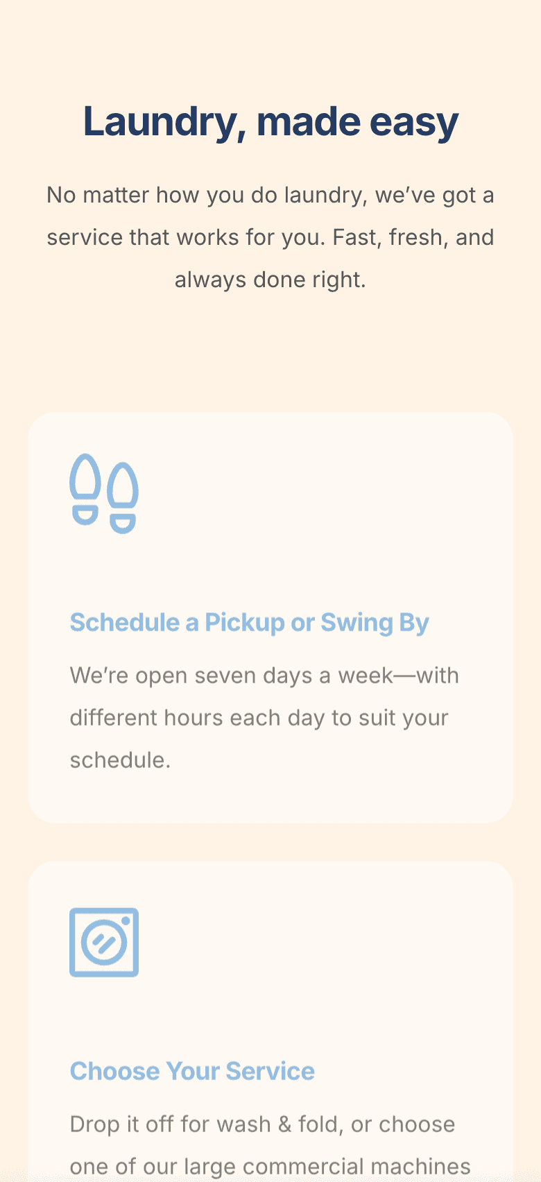 Wash and fold service page on a phone-friendly laundromat website – fast, modern, and easy to use