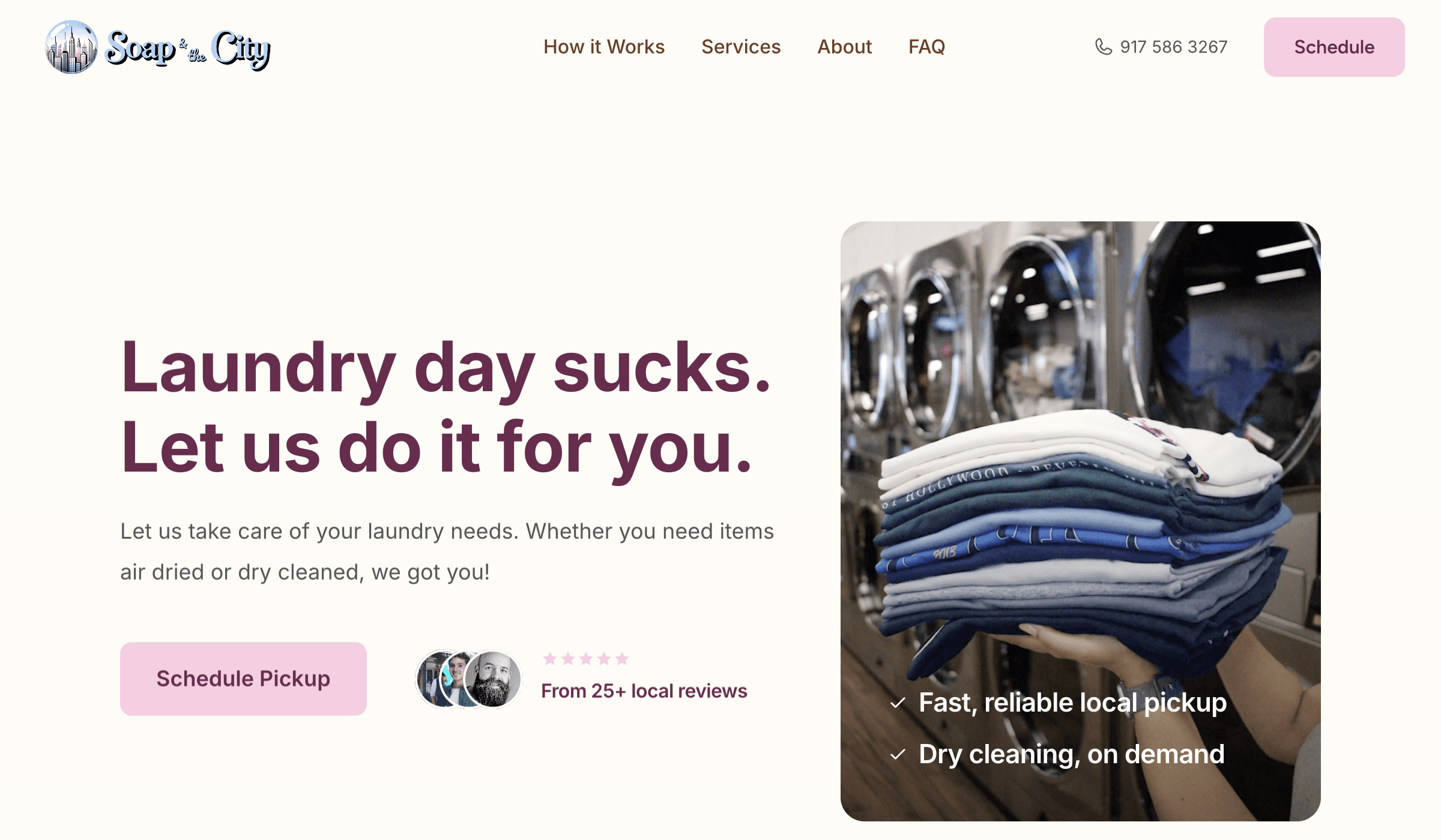 Engaging laundromat website with bold headline, pickup scheduling, and customer reviews