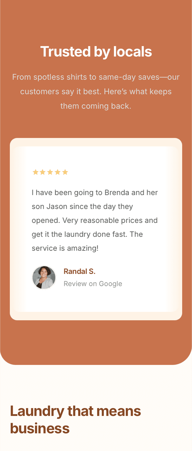 Laundry service highlights on laundromat website – wash & fold, commercial laundry, and home pickup options showcased