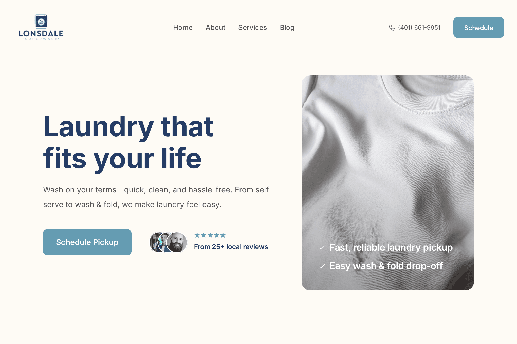Laundromat website homepage with wash and fold, pickup and delivery, and self-service laundry options – desktop view