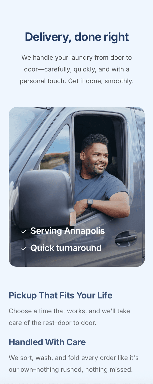 Mobile laundromat website showing online laundry scheduling and service details for local pickup and delivery