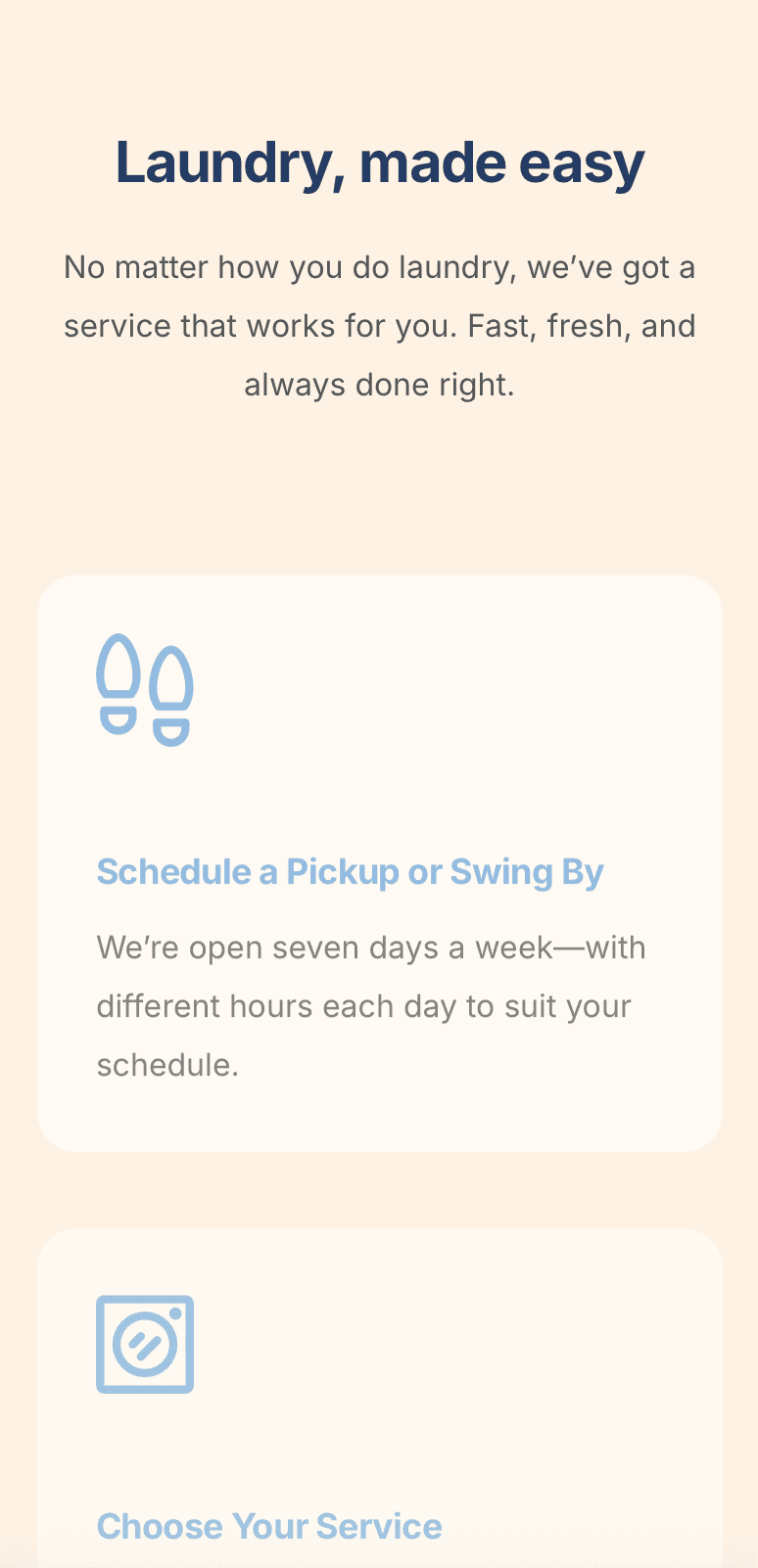 Laundry service highlights on laundromat website – wash & fold, commercial laundry, and home pickup options showcased