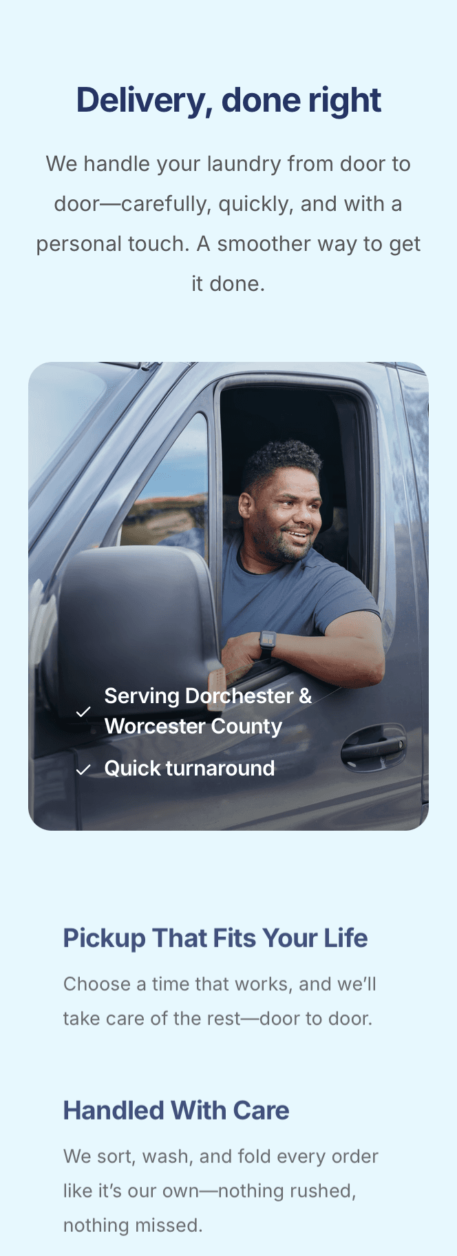 Laundry service highlights on laundromat website – wash & fold, commercial laundry, and home pickup options showcased